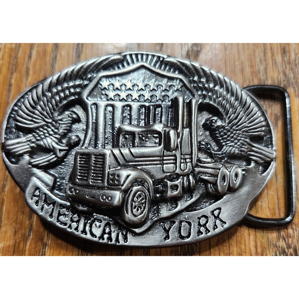 Vintage American York Semi Truck Belt Buckle Pewter Tone Eagle Big Rig Western